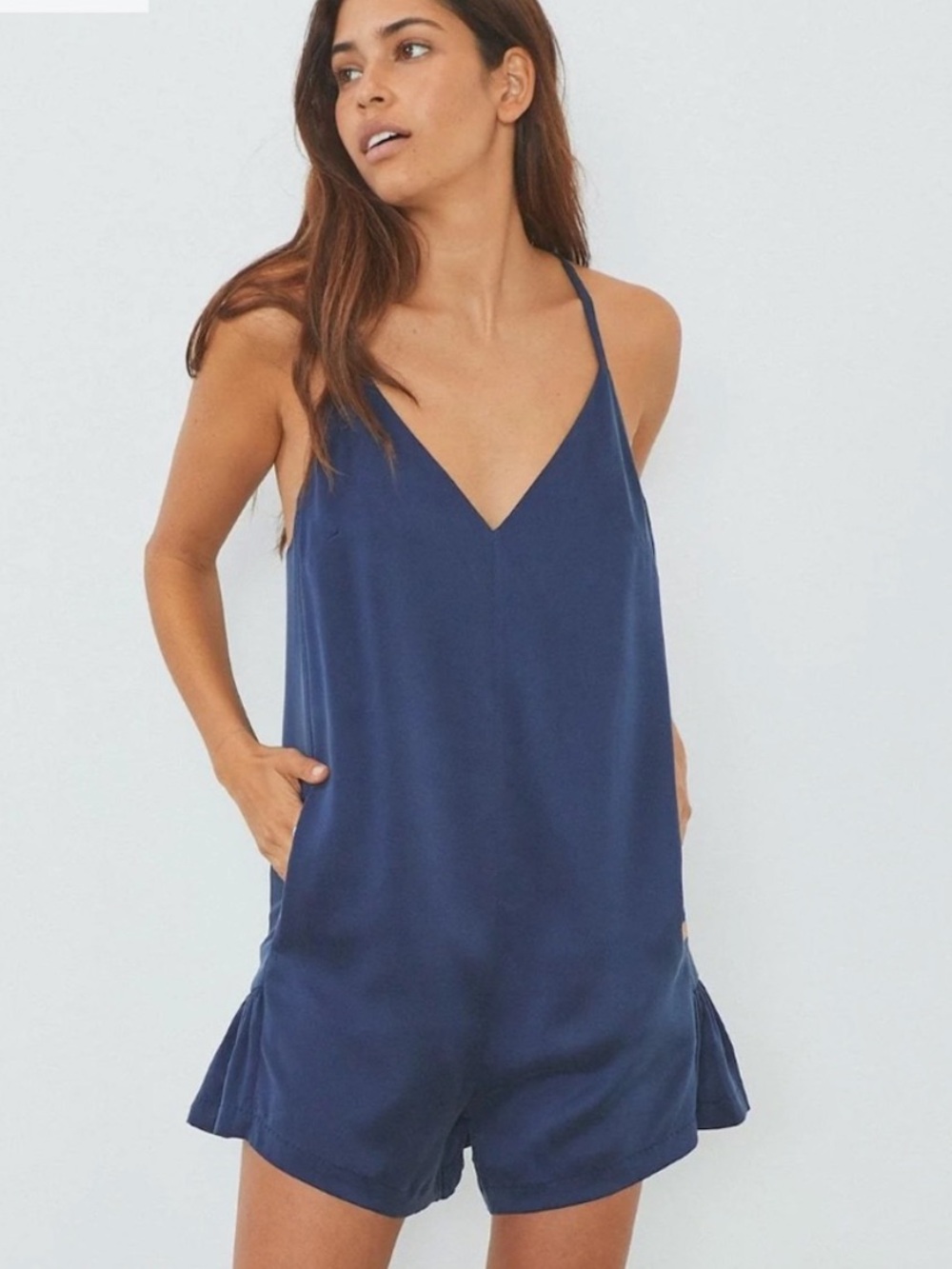 LUNYA Washable 100%  Silk Romper Pajamas in Deep Blue (navy) size L